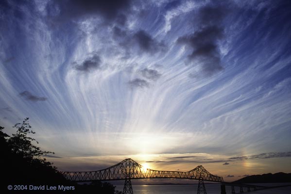 Columbia River and Megler Bridge from Astoria Oregon with streamer clouds