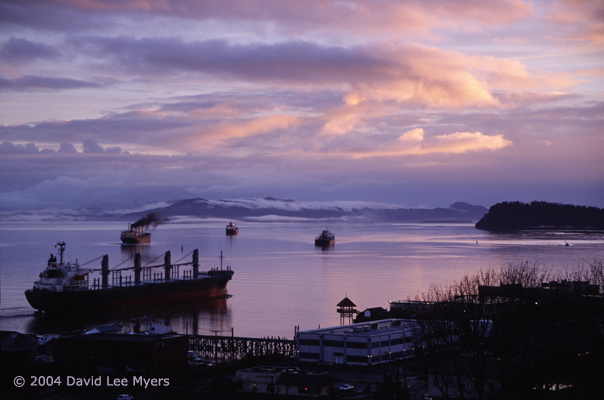 Freighters on Columbia River at dawn from Astoria Oregon