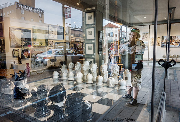 Shop window reflections, art gallery, Astoria, Oregon.